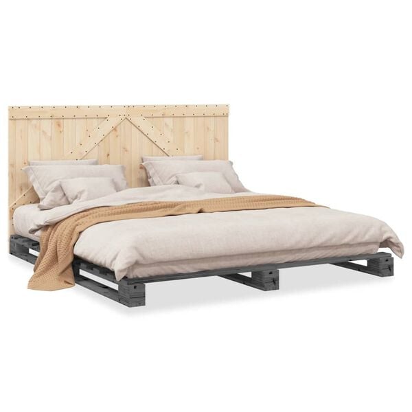 vidaXL Bedframe met hoofdbord massief grenenhout grijs 200x200 cm