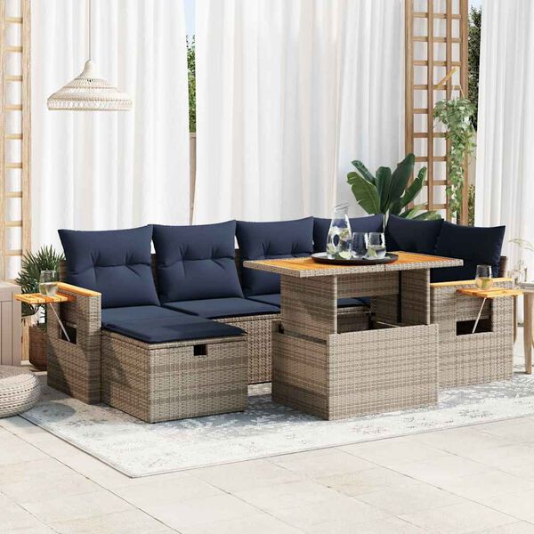 vidaXL 7-delige Loungeset met kussens poly rattan acacia grijs
