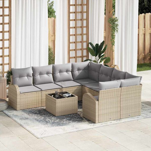 vidaXL Bankstel met kussen met opslag 9 pcs Beige en Grijs poly rattan