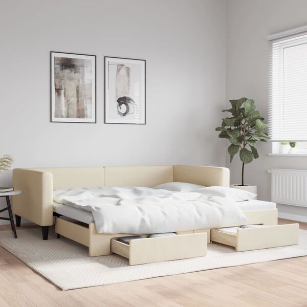 vidaXL Slaapbank met onderschuifbed en lades 100x200 cm stof cr&egrave;me