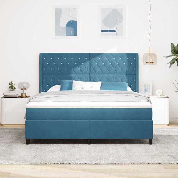 vidaXL LED Boxspring Bed met Matras Geruit Blauw 180 x 200 cm Fluweel