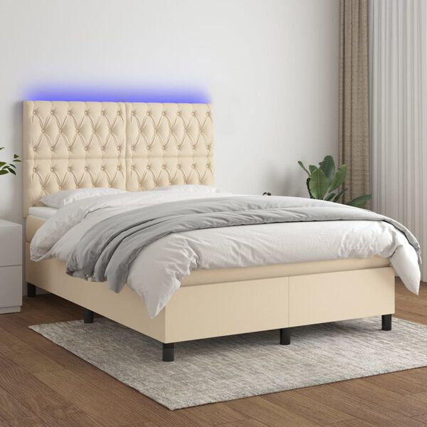 vidaXL Boxspring met matras en LED stof cr&egrave;mekleurig 140x190 cm