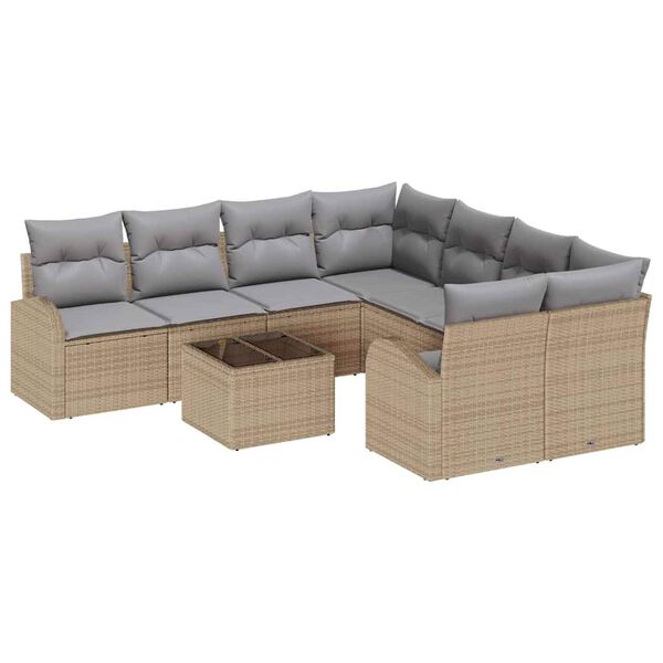 vidaXL Bankstel met kussen met opslag 9 pcs Beige en Grijs poly rattan