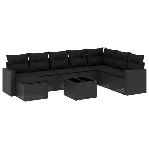 vidaXL 9-delige Loungeset met kussens poly rattan zwart