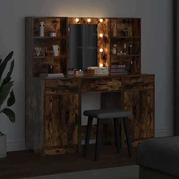 vidaXL Make-up tafel set met LED 3 pcs Gerookt eiken Bewerkt hout