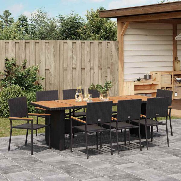 vidaXL Tuin eettafelset 9 pcs Zwart poly rattan