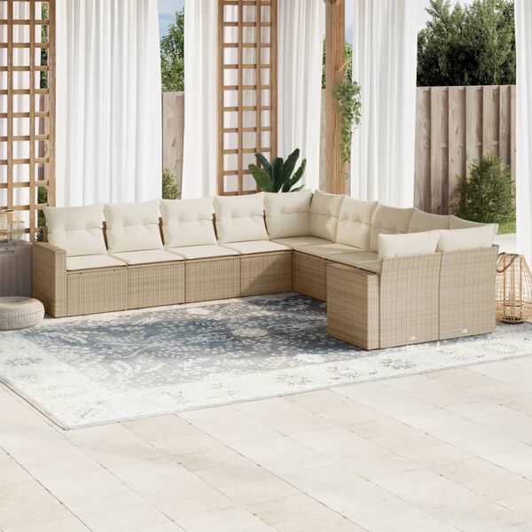 vidaXL 10-delige Loungeset met kussens poly rattan beige
