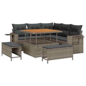 vidaXL Tuinbankenset met kussen 9 pcs Grijs poly rattan