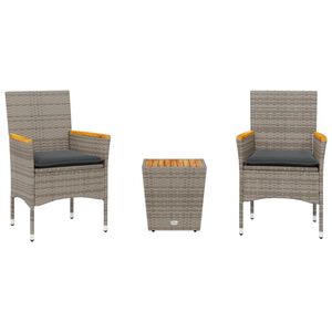 vidaXL 3-delige Bistroset met kussens poly rattan en glas grijs