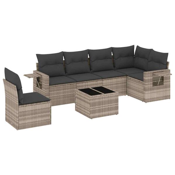 vidaXL 7-delige Loungeset met kussens poly rattan lichtgrijs