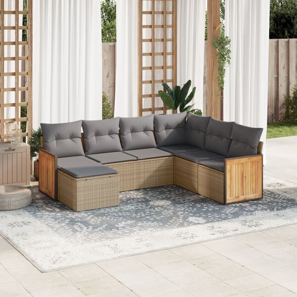 vidaXL 7-delige Loungeset met kussens poly rattan beige