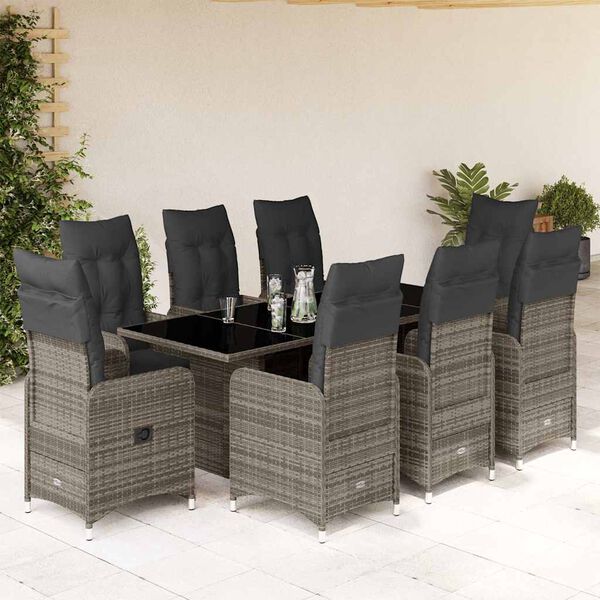 vidaXL 9-delige Bistroset met kussens poly rattan grijs