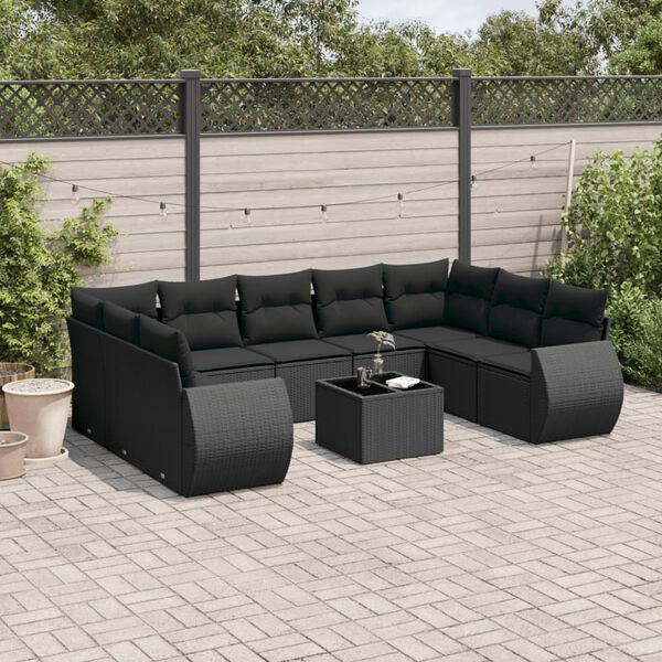 vidaXL 10-delige Loungeset met kussens poly rattan zwart