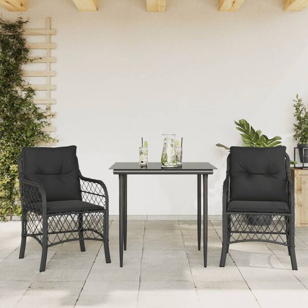 vidaXL 3-delige Bistroset met kussens poly rattan zwart