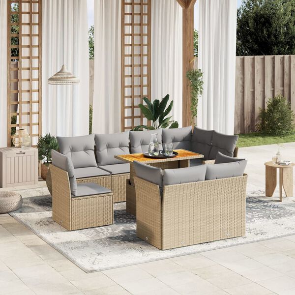 vidaXL 9-delige Loungeset met kussens poly rattan beige