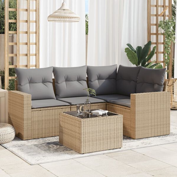 vidaXL 5-delige Loungeset met kussens poly rattan beige
