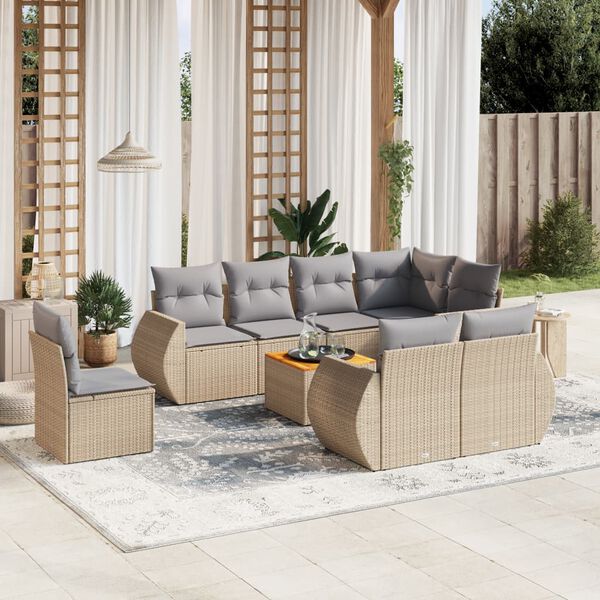 vidaXL 9-delige Loungeset met kussens poly rattan beige
