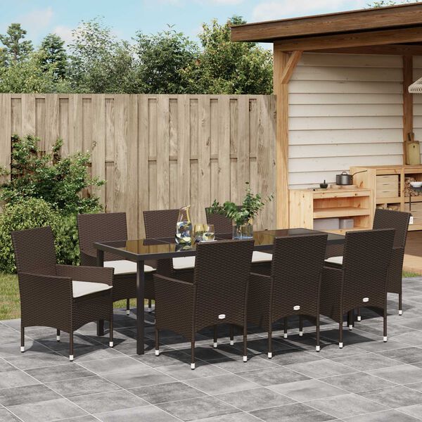 vidaXL Tuin eettafelset met kussen 9 pcs Bruin poly rattan