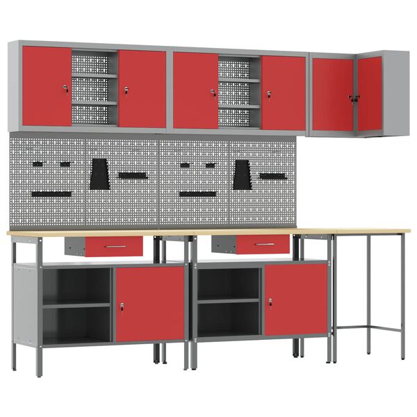 vidaXL Werkkast set met lade met plank met opslag 10 pcs Rood en Grijs