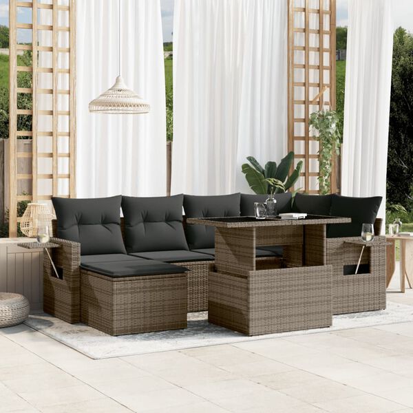 vidaXL 7-delige Loungeset met kussens poly rattan grijs
