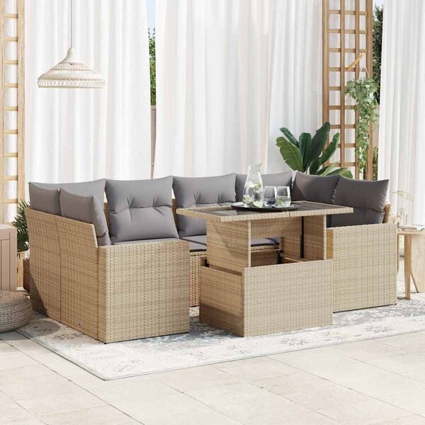 vidaXL 7-delige Loungeset met kussens poly rattan beige