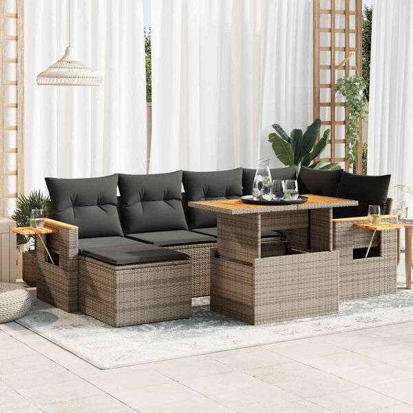 vidaXL 7-delige Loungeset met kussens poly rattan acacia grijs