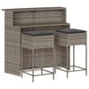 vidaXL 3-delige Tuinbarset met kussens poly rattan grijs