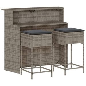 vidaXL 3-delige Tuinbarset met kussens poly rattan grijs