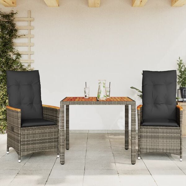vidaXL 3-delige Bistroset met kussens poly rattan grijs