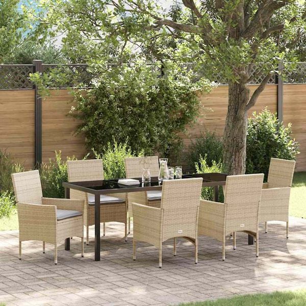 vidaXL Tuin eettafelset met kussen 7 pcs Beige poly rattan