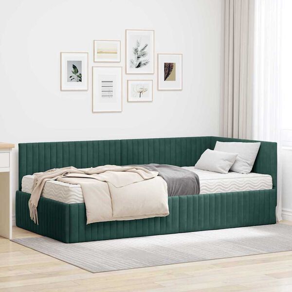 vidaXL Hoekbedframe met Matras met hoofdeinde 2 pcs Groen Fluweel