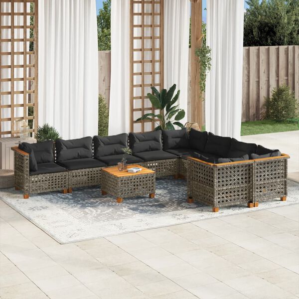 vidaXL 10-delige Loungeset met kussens poly rattan grijs