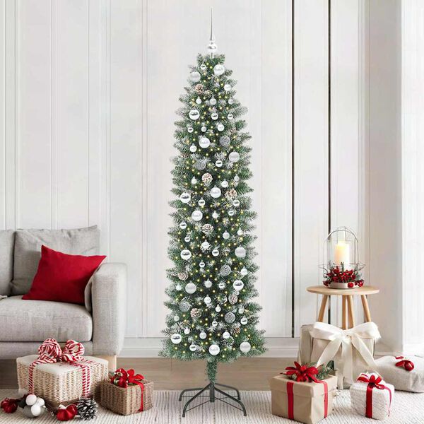 vidaXL Kunstmatige slanke kerstboom met 300 LED Groen en Wit 210 cm