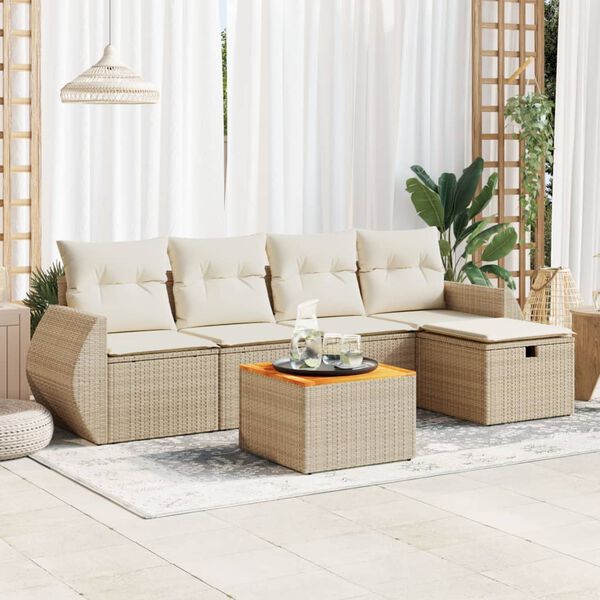 vidaXL 6-delige Loungeset met kussens poly rattan beige