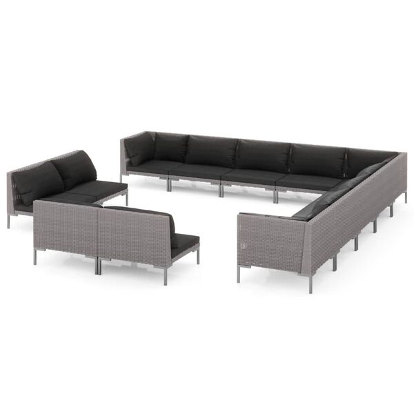 vidaXL 13-delige Loungeset met kussens poly rattan donkergrijs
