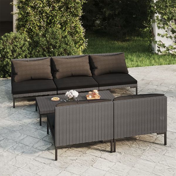 vidaXL 6-delige Loungeset met kussens poly rattan donkergrijs