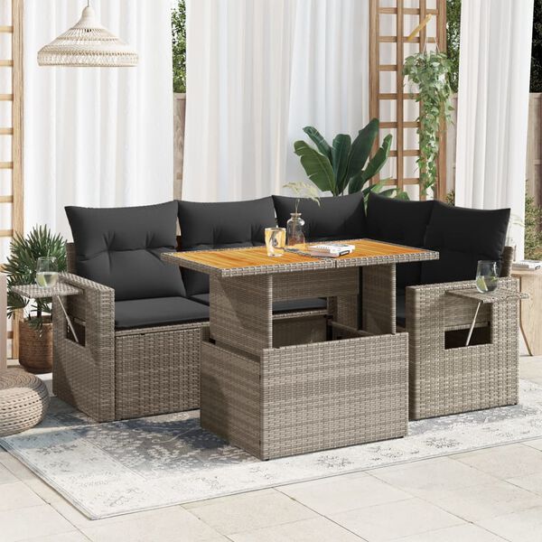 vidaXL 5-delige Loungeset met kussens poly rattan grijs