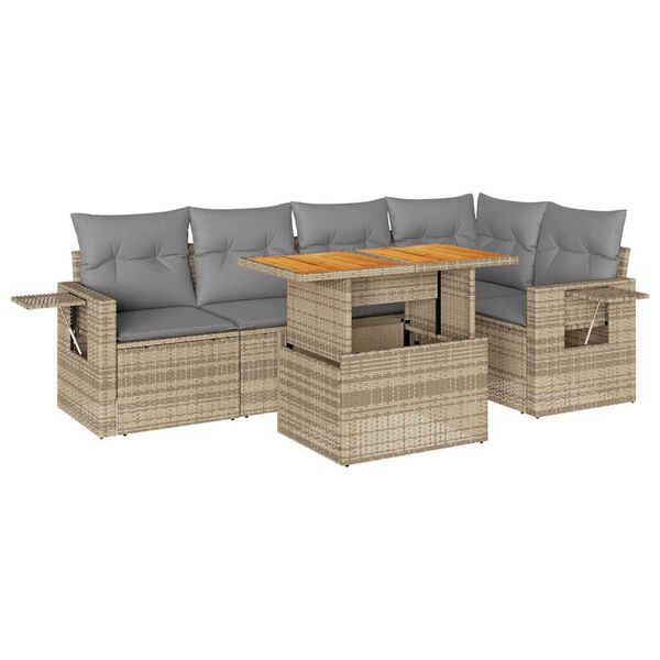 vidaXL 6-delige Loungeset met kussens poly rattan beige