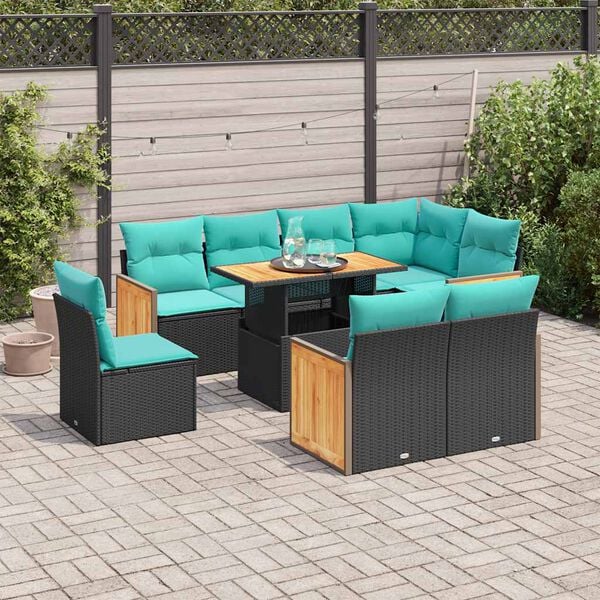vidaXL 9-delige Loungeset met kussens poly rattan acacia zwart
