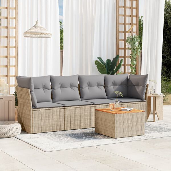 vidaXL 5-delige Loungeset met kussens poly rattan beige