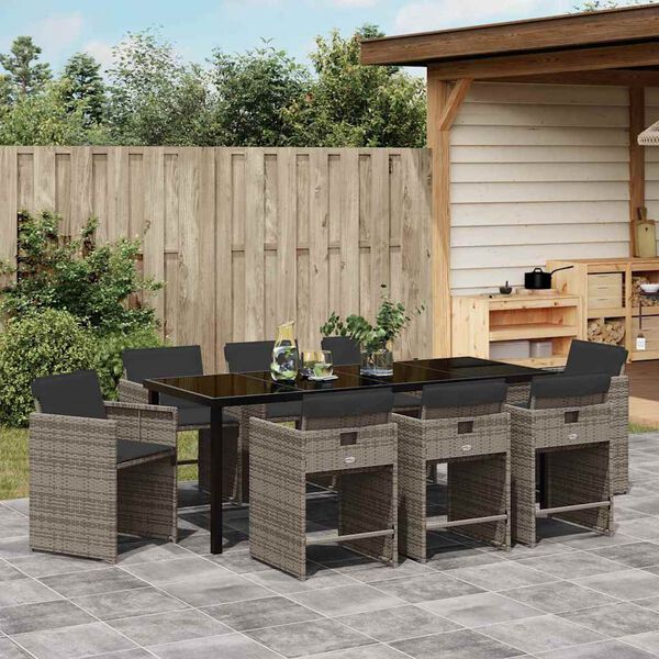 vidaXL Tuin eettafelset 9 pcs Grijs poly rattan
