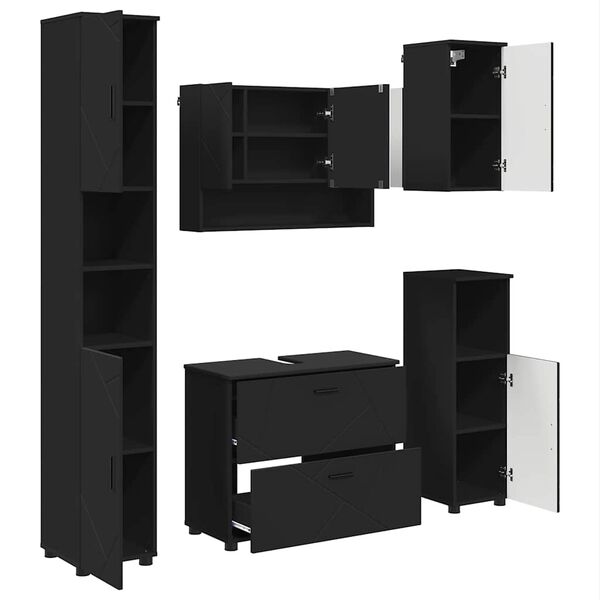 vidaXL Badkamermeubelset met lade 5 pcs Zwart Geperst Hout en Metaal