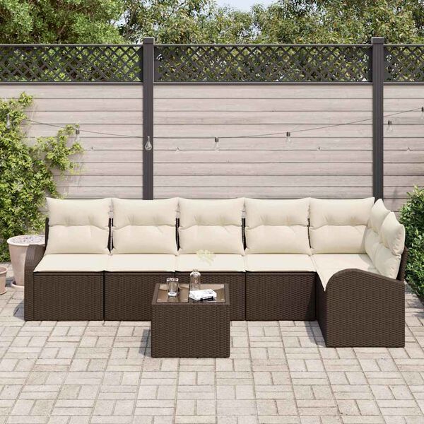 vidaXL Bankstel met kussen met opslag 7 pcs Bruin en wit poly rattan
