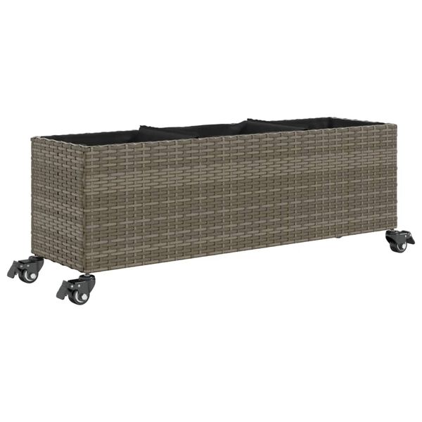vidaXL Plantenbak met wielen 3 potten 107x32x38 cm poly rattan grijs