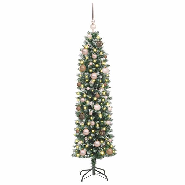 vidaXL Kunstmatige slanke kerstboom met 150 LED Groen en Wit 150 cm