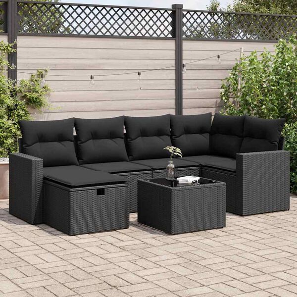 vidaXL 7-delige Loungeset met kussens poly rattan zwart