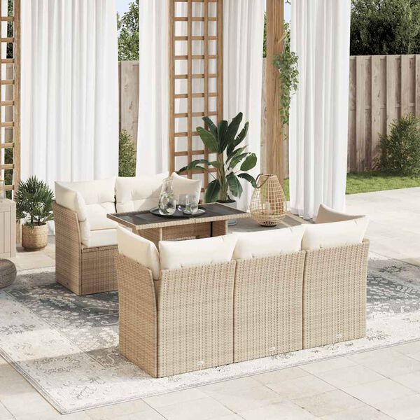 vidaXL 6-delige Loungeset met kussens poly rattan beige