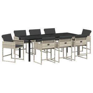 vidaXL Tuin eettafelset met kussen 9 pcs Lichtgrijs poly rattan