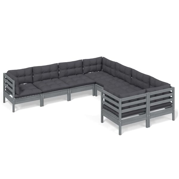 vidaXL 8-delige Loungeset met kussens massief grenenhout grijs