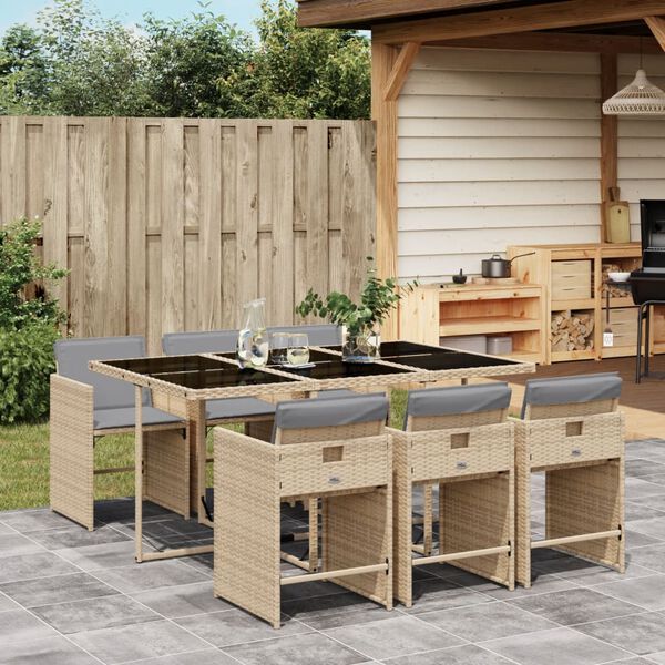 vidaXL 7-delige Tuinset met kussens poly rattan gemengd beige